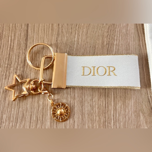 Dior Keychain Dustbag Holiday Ribbon Gold White Star Moon Bag Charm - Picture 2 of 3